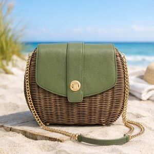 Talbots Sage Leather-Flap Wicker Crossbody with Gold Chain NWT